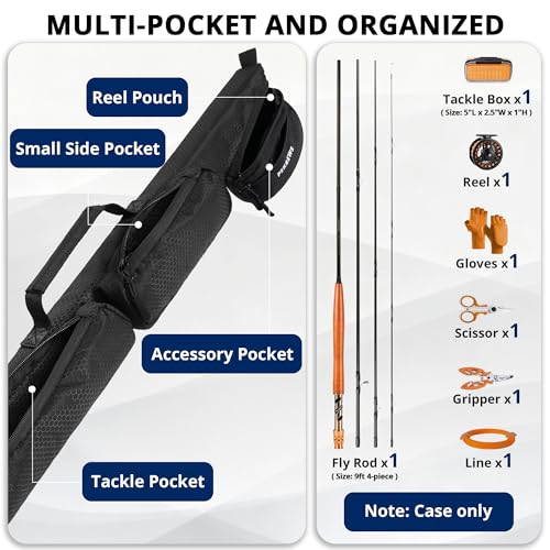 PEKREWS Fly Rod Case, 30.5" Fishing Rod Bag Fit 9' 4-Piece Fly Rod and Reel with 2 Side Pockets, Padded Reel Pouch, Hard Travel Fly Rod Tube with Shoulder Strap, Fishing Pole Holder For Angler, Blue - color: Blue