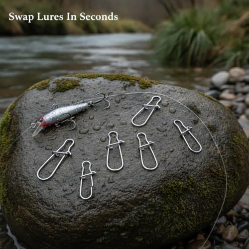 100-Pack Fishing Snap Connectors, Stainless Steel Lure Snaps for Quick Tackle Swapping, Assorted Sizes Saltwater and Freshwater Terminal Tackle Accessories - size: 2.17 x 1.77 x 0.59"