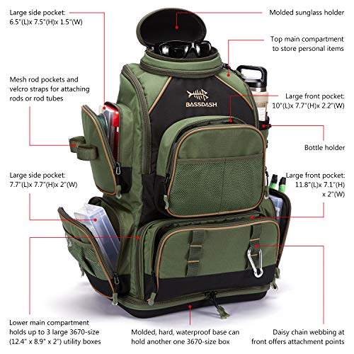 BASSDASH Fishing Tackle Backpack Water Resistant Tactical Bag Soft Tackle Box with Rod Holder and Protective Rain Cover - color: Green Backpack [3670] With 4 Trays