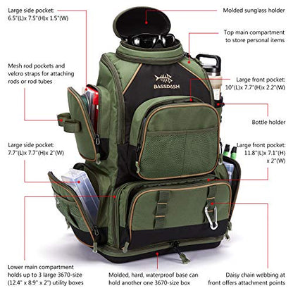 BASSDASH Fishing Tackle Backpack Water Resistant Tactical Bag Soft Tackle Box with Rod Holder and Protective Rain Cover - color: Green Backpack [3670] With 4 Trays