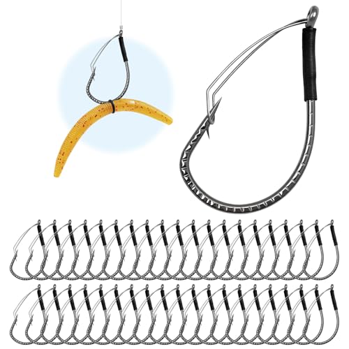 40PCS Weedless Wacky Rig Hooks - Dragon Scale Shank Bass Hooks for Wacky Rig Tool - High Carbon Steel Worm Hooks with Weed Guard for Freshwater Saltwater - Sizes 1# 2# 3# 1/0 2/0 3/0 - size: 1/0