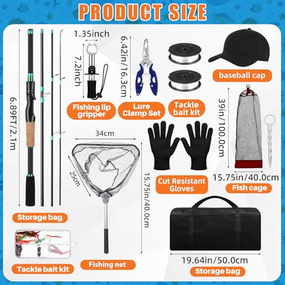 60 Pcs Father's Day Fishing Rod and Line Combo Detachable Fishing Pole Kit Without Reel, Plier Lip Gripper, Fish Lure Hook Accessories, Carrier Bag for Beginner Men Travel Saltwater Freshwater