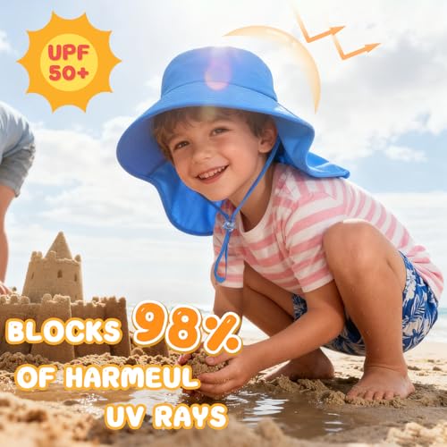 ZOORON Outdoor Kids Sun Hat with Neck Flap UPF 50+ Sun Protection Fishing Hat Wide Brim Summer Kids Beach Hats for Girls Boys - color: 1pack-blue