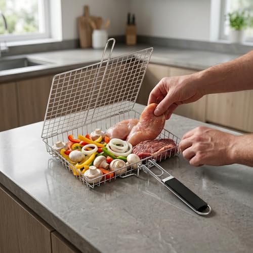 Stainless Steel Grill Basket, Foldable BBQ Grilling Baskets for Fish, Shrimp & Vegetables, Portable Outdoor Camping BBQ Rack, Heavy Duty Barbecue Accessories, Gift for Dad, Husband & Friends