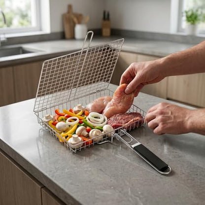 Stainless Steel Grill Basket, Foldable BBQ Grilling Baskets for Fish, Shrimp & Vegetables, Portable Outdoor Camping BBQ Rack, Heavy Duty Barbecue Accessories, Gift for Dad, Husband & Friends