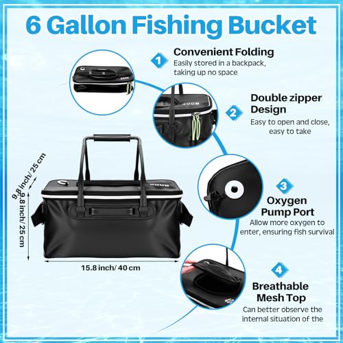 Threehoney Set of 4 Saltwater Fishing Cast Net, Foldable Fish Bucket, Folding Fishing Landing Net, and 110lb Digital Scale, 6 Gallon Live Fish Bait Bucket - color: Black, size: 4ft
