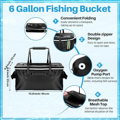Threehoney Set of 4 Saltwater Fishing Cast Net, Foldable Fish Bucket, Folding Fishing Landing Net, and 110lb Digital Scale, 6 Gallon Live Fish Bait Bucket - color: Black, size: 4ft