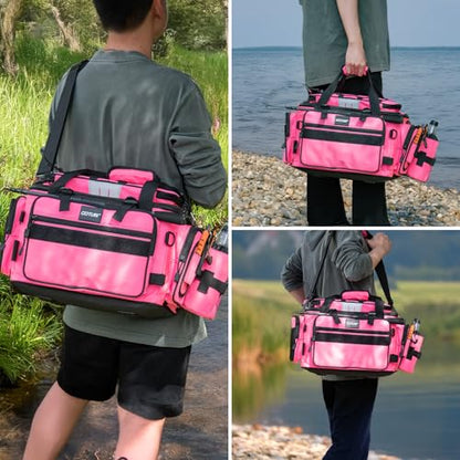 Goture Fishing Tackle Bag with 2pcs 3600 Tackle Boxes, 600D Water-Resistant Soft Side Saltwater Gear Storage Fishing Bag with Rod Straps, Detachable Water Bottle Pouch, Waterproof Bottom, SBS Zippers - color: C1:Pink with 2 3600 Tackle Boxes, size: Large