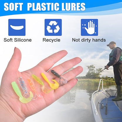 Soft Plastic Fishing Lures Grub Lures Jig Head Hooks Kit Crappie Jigs Grub Tail Worm Lure Tube Baits for Bass Trout Crappie Panfish Saltwater Freshwater Fishing - color: 48pcs Kit