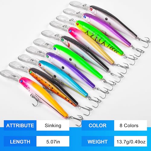 10pcs Fishing Lures Kit Minnow Hard Baits Deep Diving Crankbait Jerkbait Swimbait Lifelike Walleye Fishing Lures Trolling Lures for Bass Trout Pike Catfish Saltwater Freshwater
