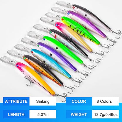 10pcs Fishing Lures Kit Minnow Hard Baits Deep Diving Crankbait Jerkbait Swimbait Lifelike Walleye Fishing Lures Trolling Lures for Bass Trout Pike Catfish Saltwater Freshwater