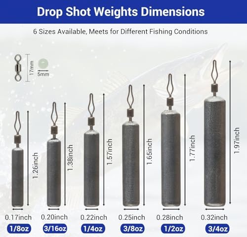 48Pcs Drop Shot Weights Set, Slim Pencil Style | Lead Fishing Weights Sinkers Kit, Dropshot Rigging, 6 Sizes Assorted, Includes Barrel Swivel and Rig Beads