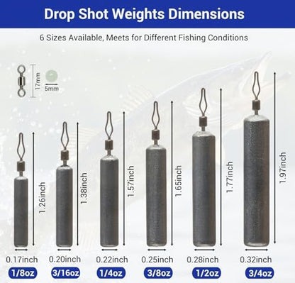 48Pcs Drop Shot Weights Set, Slim Pencil Style | Lead Fishing Weights Sinkers Kit, Dropshot Rigging, 6 Sizes Assorted, Includes Barrel Swivel and Rig Beads