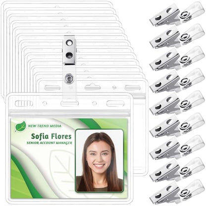 EcoEarth - Horizontal PVC Card Protector with Metal Clips and Vinyl Straps with Soft Edge - Sealable Fits 4x3 inch Inserts - Clear, 100 Pack - Waterproof ID Holder Bulk - ID Card Holder - size: 100 pack