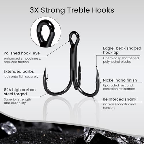 Pristis 3X Strong Fishing Treble Hooks, High Carbon Steel Sharp Barbed Tripple Round Bend Hook Kit Set for Lure Bait, Needle Point for Saltwater Freshwater Bass Trout Tuna Catfish Pike - size: #6 - 32 Pack