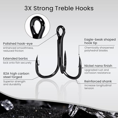 Pristis 3X Strong Fishing Treble Hooks, High Carbon Steel Sharp Barbed Tripple Round Bend Hook Kit Set for Lure Bait, Needle Point for Saltwater Freshwater Bass Trout Tuna Catfish Pike - size: #8 - 32 Pack