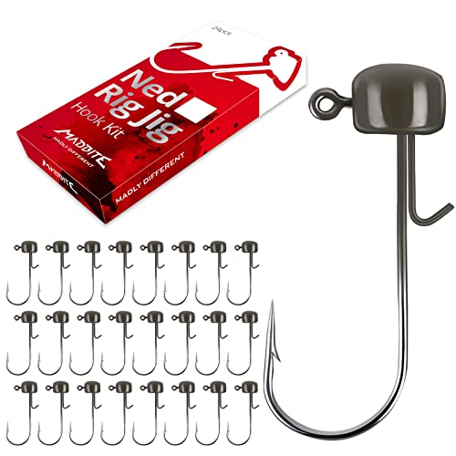 MadBite by KastKing Ned Rig Jig Heads for Soft Fishing Lures, 24-Pack Finesse Standard Mushroom Stand-up Ned Heads Kit, Needle Point Saltwater & Freshwater Versatility Ned Rig Hooks 1/8, 1/16, 3/16 oz - color: Green Pumpkin, size: 1/8 oz