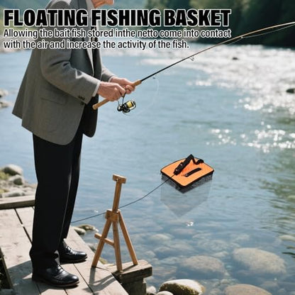 XhuangTech Floating Fishing Basket, Collapsible Fish Basket Portable Fishing Net Storage Cage for Live Caught Fish, Foldable Rubber Coated Bait Minnow Bucket 3.5/10 Gallons Live Well, Orange - size: Small