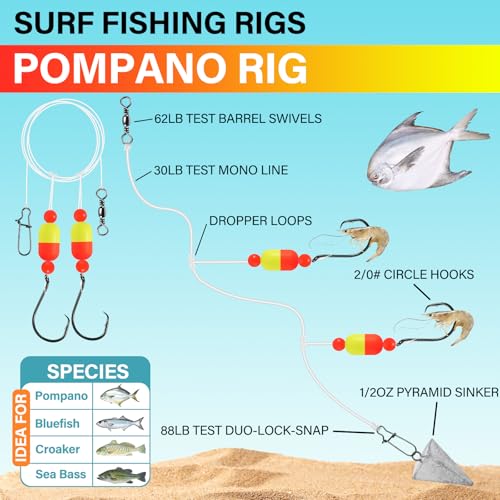 Alwonder 5-Pack Pompano Rigs Surf Fishing Rigs with Snell Floats, Saltwater Live Bait Rig Swivels Duo Lock Snaps Circle Wide Gap Kahle Hooks Rig for Beach Surf Casting Pier Jetty Fishing - color: Red & Yellow 5-Pack, size: #2/0 Circle Hook