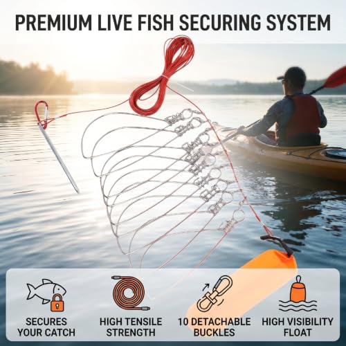 Fish Stringer with 10 Detachable Stainless Steel Hooks, 16.4ft PVC Coated Rope High Strength Fishing Lock for Kayak Fishing