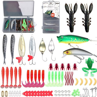 EXAURAFELIS Fishing Lures Tackle Kit, Mixed Hard & Soft Baits Metal Spoons Fishing Accessories for Bass Trout Pike Freshwater Saltwater Fishing - color: 84pcs