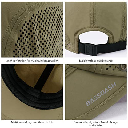 BASSDASH UPF 50+ Foldable Fishing Hat Baseball Cap with Removable Neck Flap Portable for Men Women Golf Hiking - color: Khaki With Foldable Brim