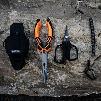 Tackle Boss Outlaw Fishing Pliers & Tool Set – 7.5" Stainless Steel Fishing Pliers, Braid Scissors, Hook Remover & Line Cutter with Holster and Lanyard, Freshwater & Saltwater Fishing Gear - color: Orange