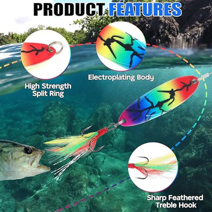 Shaddock Fishing Spoon Lures Kit, 5pcs Metal Spoons Casting Lures Jigging Baits with Sharp Treble Hooks for Bass Trout Pike Walleye Crappie Saltwater Freshwater Fishing with Tackle Box - size: 2oz-5pcs