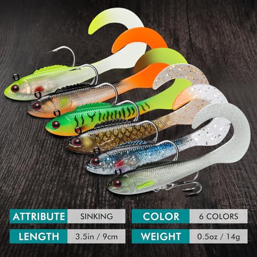 TRUSCEND Shadtale Easy Catch Soft Fishing Lures with BKK Hooks - Trembly Sinking and Vibrating Swim for More Bites, Pre-Rigged Swimbaits for Bass, Trout, Crappie, Walleye, Freshwater Saltwater Fishing - color: B1-3.5",0.5oz