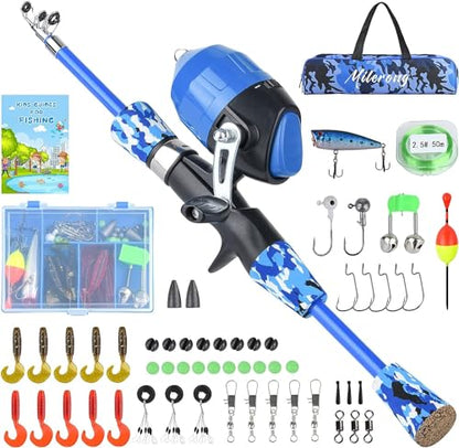 Milerong Kids Fishing Rod, Kids Fishing Pole Portable Telescopic Fishing Rod and Reel Combo Kit for Boys, Girls, Youth - with Spincast Fishing Reel, Fishing Tackles, Fishing Lures, Fishing Lines - color: Blue Fishing Rod Set 1.2m