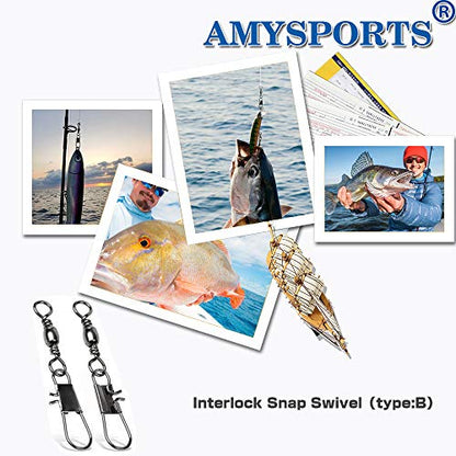 AMYSPORTS Fishing Tackle Barrel Swivel Snap High Strength Snap Swivel Saltwater Stainless Steel Fishing Barrel Snaps Interlock Snaps Freshwater Leader Lure Connnector Accessories - size: Size1/0 (74lb) 50 pcs