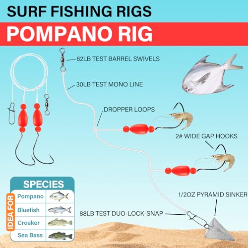 Alwonder 5-Pack Pompano Rigs Surf Fishing Rigs with Snell Floats, Saltwater Live Bait Rig Swivels Duo Lock Snaps Circle Wide Gap Kahle Hooks Rig for Beach Surf Casting Pier Jetty Fishing - color: Red 5-Pack, size: #2 Wide Gap Hook