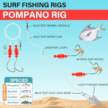 Alwonder 5-Pack Pompano Rigs Surf Fishing Rigs with Snell Floats, Saltwater Live Bait Rig Swivels Duo Lock Snaps Circle Wide Gap Kahle Hooks Rig for Beach Surf Casting Pier Jetty Fishing - color: Red 5-Pack, size: #2 Wide Gap Hook