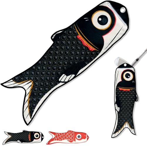 Mindsoft Koi Fish Golf Towel Cute Microfiber Golf Towel Carabiner Clip, Cleaning Cloth & Clubs Koi Pattern Golfs Accessories and Gifts for Men Women(Black) - color: Black