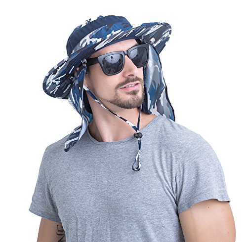 YR.Lover Outdoor UV Sun Protection Wide Brim Fishing Cap with Removable Flap - color: Blue Camouflage