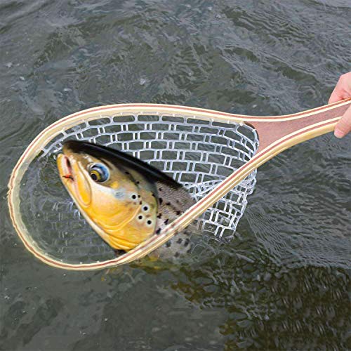 Fly Fishing Landing Net with Wood Handle Wooden Frame Soft Rubber Mesh or Waterproof Nylon Mesh Nets with Magnetic Release for Trout Bass Fish Catch and Release - color: Rubber Net with Magnetic Release