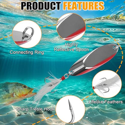 Fishing Spoons Lures Set,5pcs Hard Metal Casting Jigging Spoon Baits with Sharp Treble Hooks Jig Spoons Lure for Saltwater Freshwater Bass Trout Salmon Crappie Walleye Pike - size: 3/8oz(10g)_5pcs