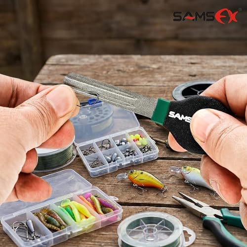 SAMSFX Fishing Hook Sharpener Hook File for Fishing Diamond File with Handle Portable Double Sided Fine and Medium Grits for Men - color: Black & Green