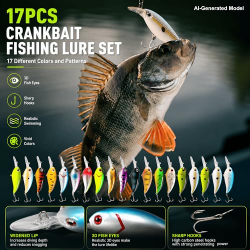 Crank Baits for Bass Fishing,17PCS Deep Diving CrankBaits with Storage Box | Realistic Crankbaits for Freshwater Fishing, Bass Lures for Trout Pike Walleye Lake River Fishing Gift