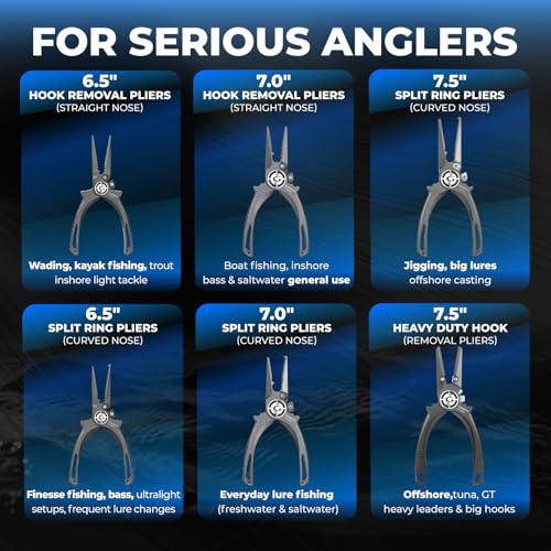 GOMEXUS Fishing Pliers Saltwater with Side Cutters, Never Rust Inshore & Nearshore Titanium Fishing gear with Lanyard & Leather Sheath, Hook Remover, (7'' Split Ring Nose) - color: Split Ring Nose