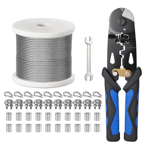 1/8 Inch Stainless Steel Cable 100FT,- 7x7 Strand Aircraft Wire Rope,with Loop Sleeve and Steel Thimble,Wire Clamp Clip,Outdoor Hanging kit, Garden Fence, Marine, DIY Projects - size: 1/8 inch 100FT