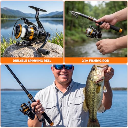 Fishing Backpack with Spinning Rod Reel Combos Tackle Box,Portable Travel Fishing Rods Kit,Fishing Sling Tackle Bag with Rod Holders,Fishing Gear Gifts for Men with Fishing Lures,Pliers