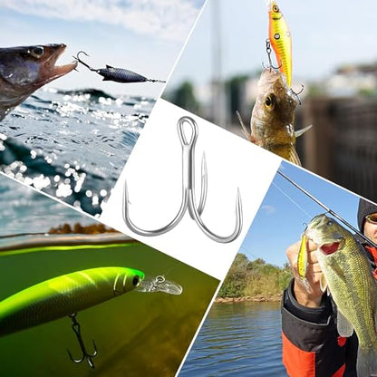 Fishing Treble Hooks Triple Fishing Hooks High Carbon Steel Barbed Sharp Round Bend Treble Hooks Replacement for Hard Lures Bait - color: Silver, size: 10#-50pcs