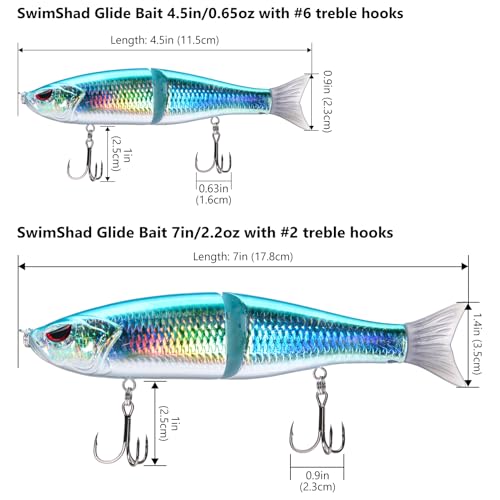 Bassdash SwimShad Glide Baits Jointed Swimbait Bass Pike Salmon Trout Muskie Fishing Lure,3-Pack - color: Black/Silver +Gizzard Shad +Sardine, size: 7in/2.2oz
