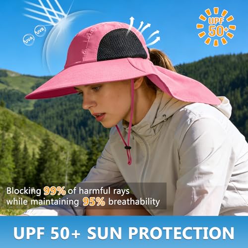 Sun Hat for Men Women with Neck Flap,UPF 50+ UV Protective Hiking Fishing Hats,Wide Brim Sun Hat for Women&Men - color: 1pack-rose