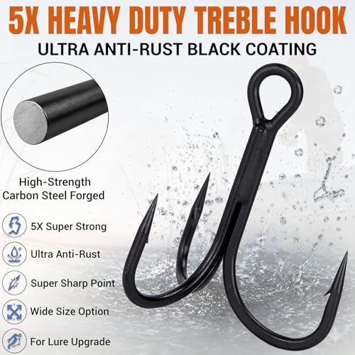 Heavy Duty Treble Hooks 5X Extra Strong, Sharp Treble Fishing Hooks Saltwater with Ultra Anti-Rust Coating Sturdy Replacement Lure Triple Hooks Freshwater Sizes #6–5/0 - size: 6#-24Pcs
