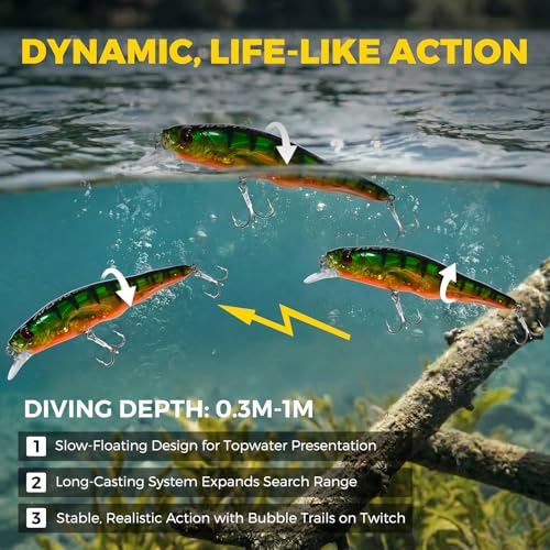 Topwater Fishing Lures -Hard Swimbait,3 8/9in 1/2oz Floating Lure with Hollow Cavity for Scent Attractant, for Bass,Pike,Trout,Freshwater & Saltwater - color: Emerald Bass