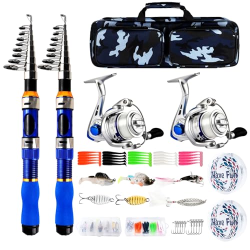 Telescopic Fishing Rod Reel Combo 2PCS 6.89FT Collapsible Fishing Pole Spinning Reel Lures Accessories with Fishing Bag Portable Fishing Rod Kit for Saltwater Freshwater Travel Fishermen Gift - color: Blue
