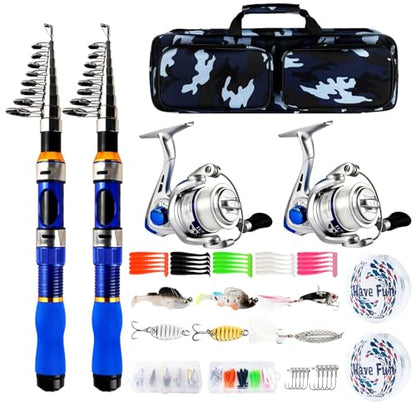 Telescopic Fishing Rod Reel Combo 2PCS 6.89FT Collapsible Fishing Pole Spinning Reel Lures Accessories with Fishing Bag Portable Fishing Rod Kit for Saltwater Freshwater Travel Fishermen Gift - color: Blue