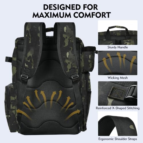 MGB Fishing Tackle Backpack with Rod Holders & YKK Zipper, 46L Fishing Bag with Bottle Holder, Storage Bag Store Fishing Gear - color: Green+black Camo（without Tackle Box）